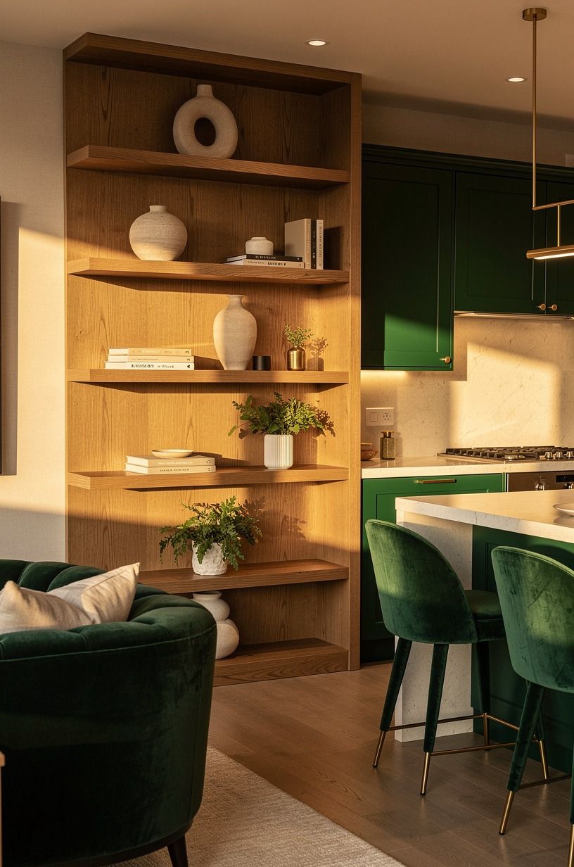 Float open shelves in matching (or clearly contrasting) oak