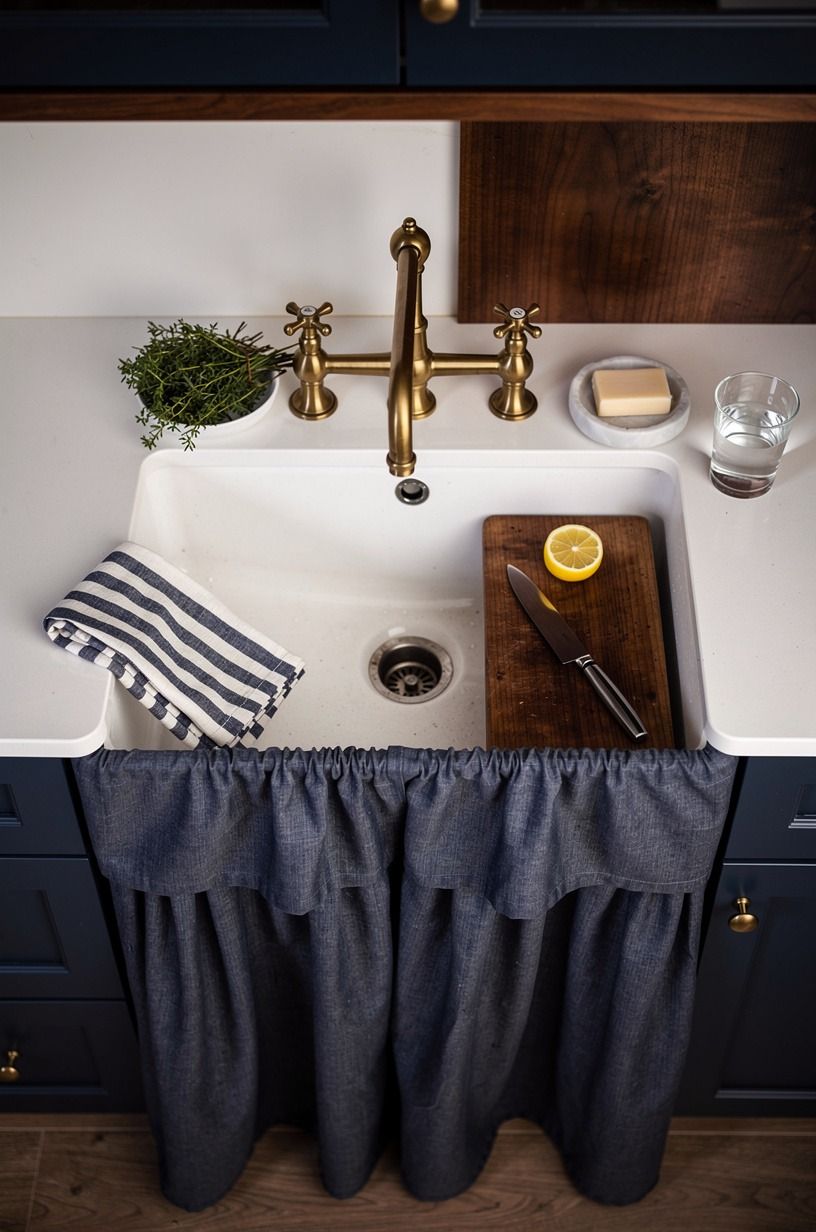 Frame the sink with fabric instead of more cabinetry