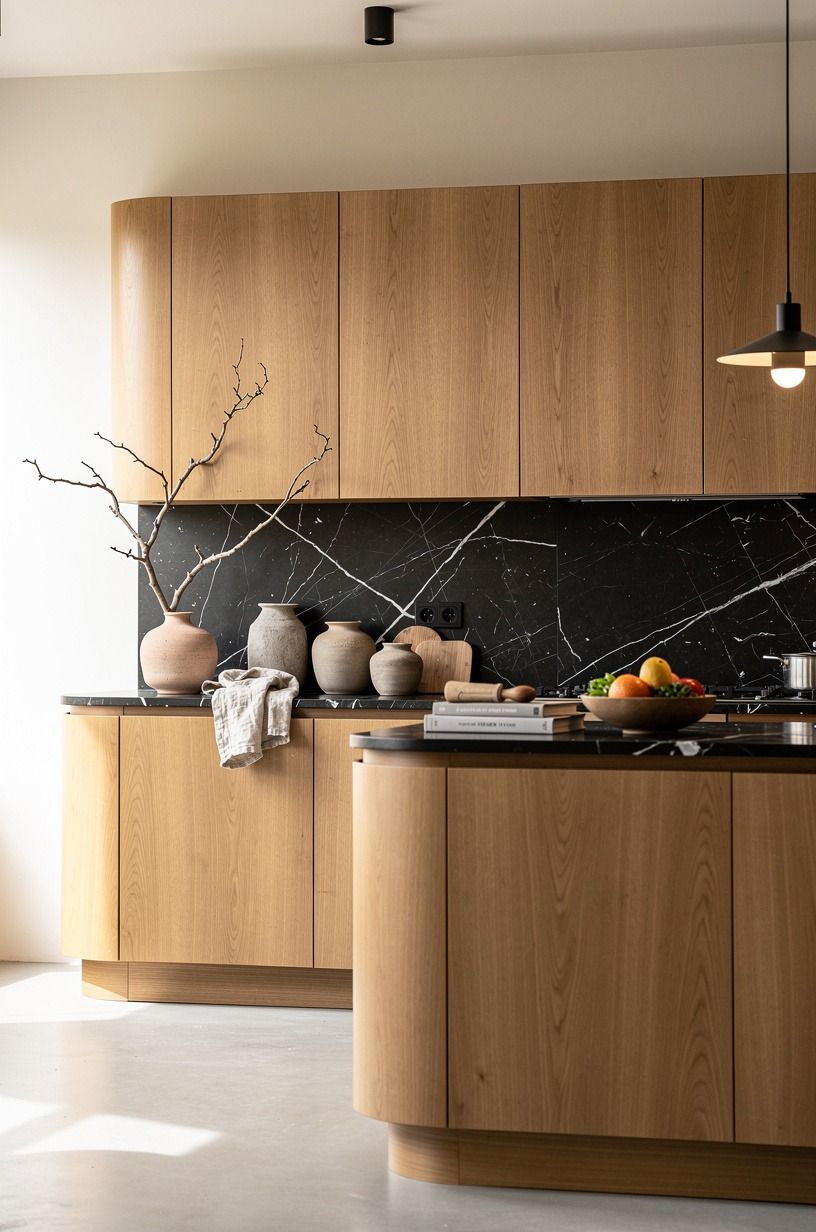 Ground warm oak kitchen cabinets with a quiet wall color