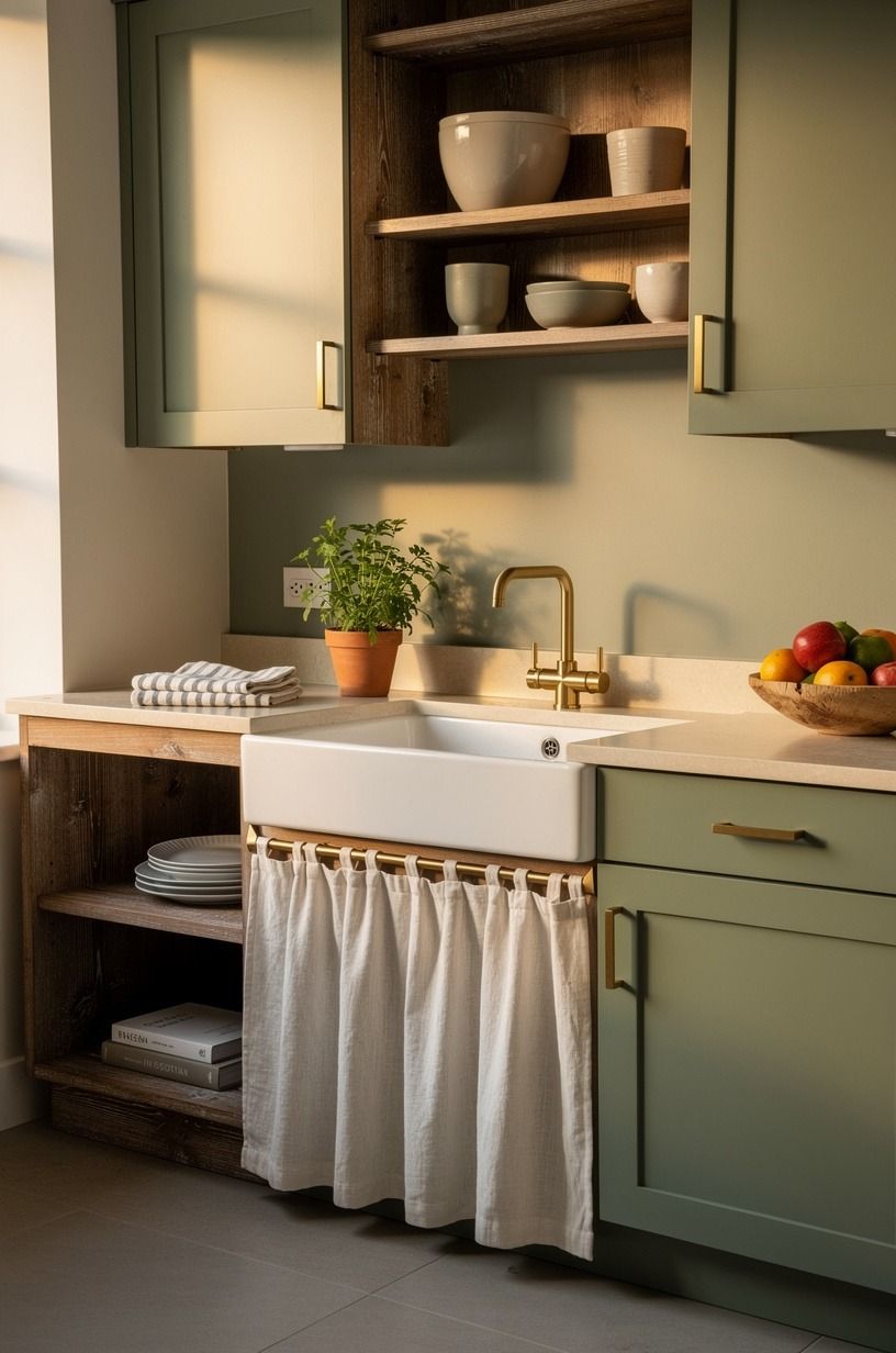 Hang a café curtain below the sink