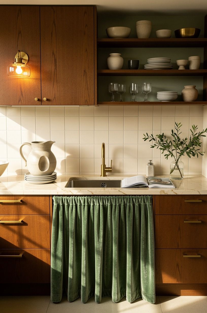 Layer a cabinet curtain below the sink