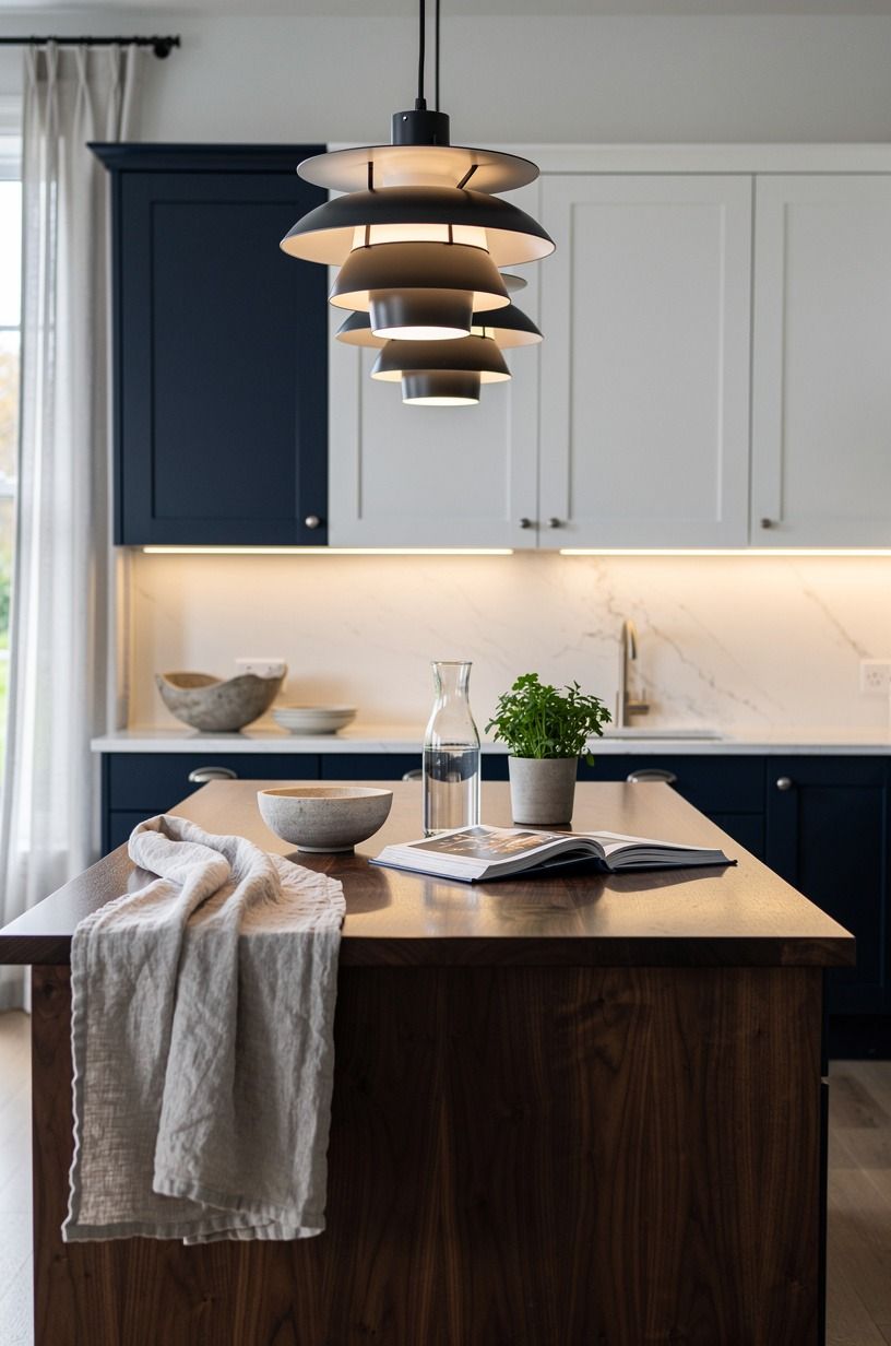 Layer pendants with under-cabinet light (The Three-Height Light Stack)