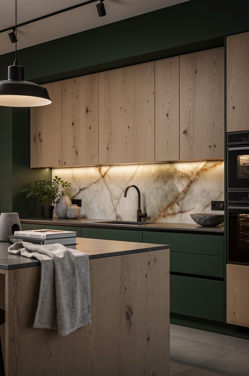 Let black accents frame the light wood cabinet kitchen