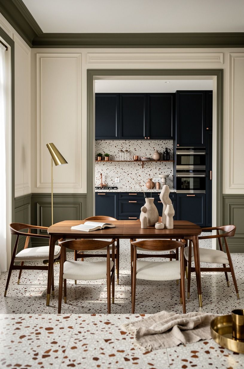 Mix creamy walls with moody painted trim