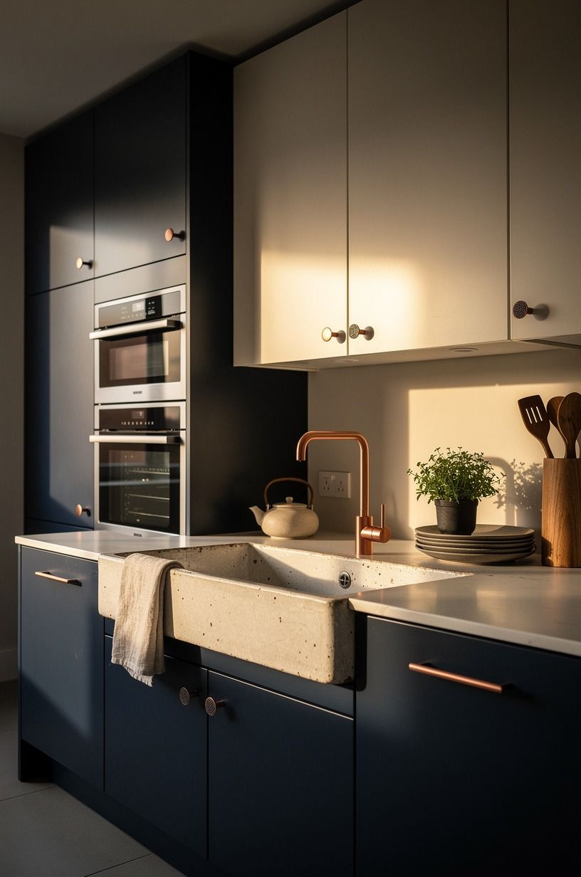 Mix old ironstone with one modern faucet