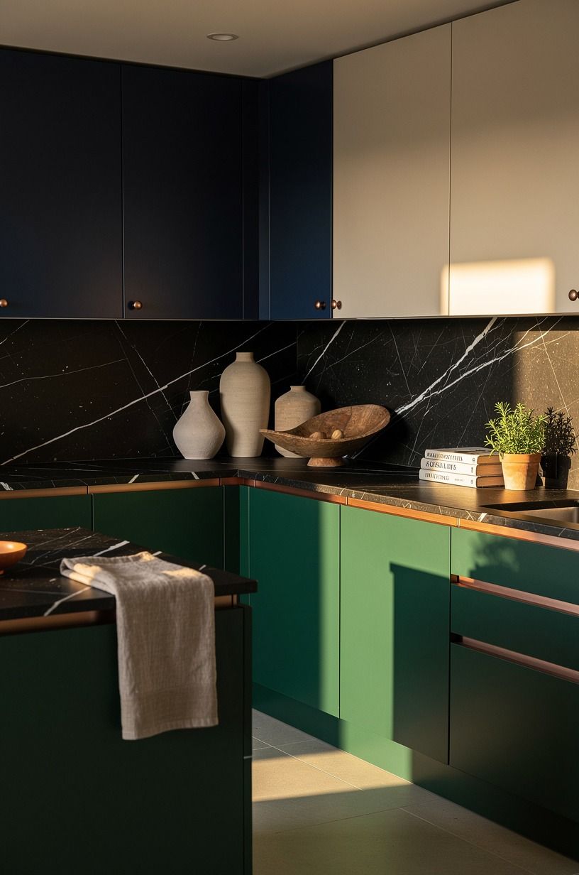 Paint the lower cabinets in Studio Green (the depth-first move)