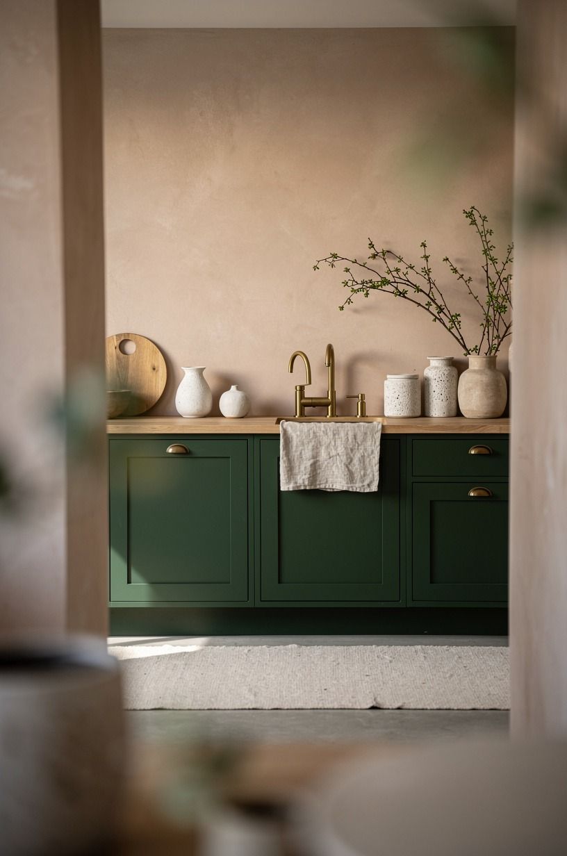 Paint the lower cabinets Studio Green