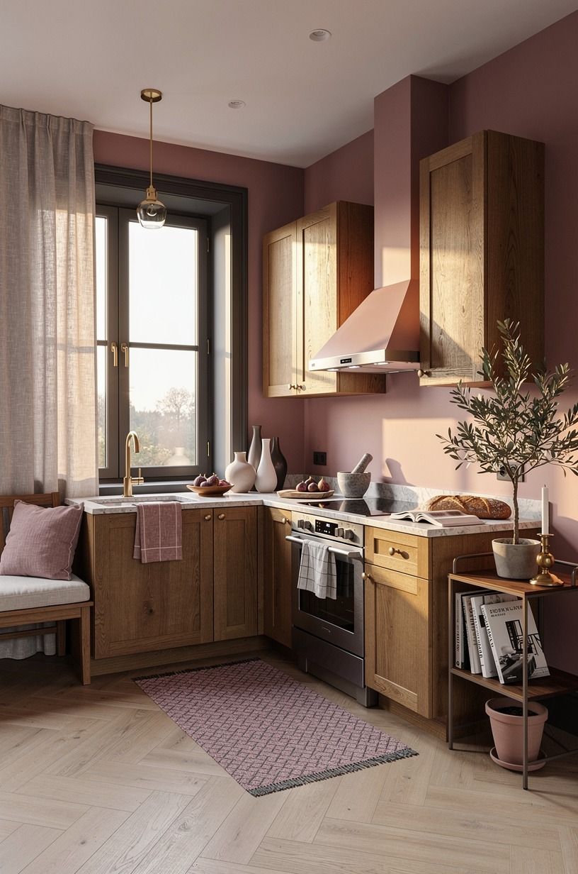 Paint the room around your apartment kitchen wood cabinets