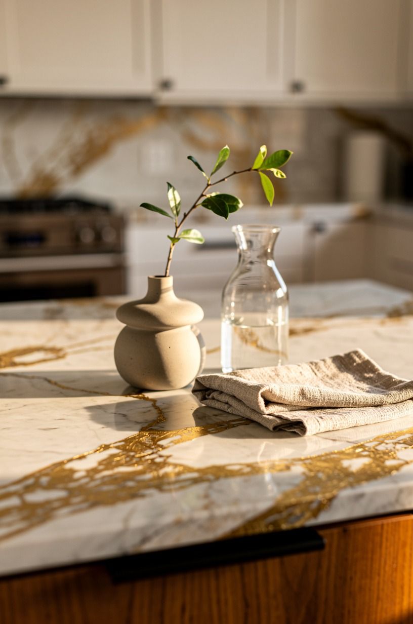 Style the counters with wood and stone, not clutter