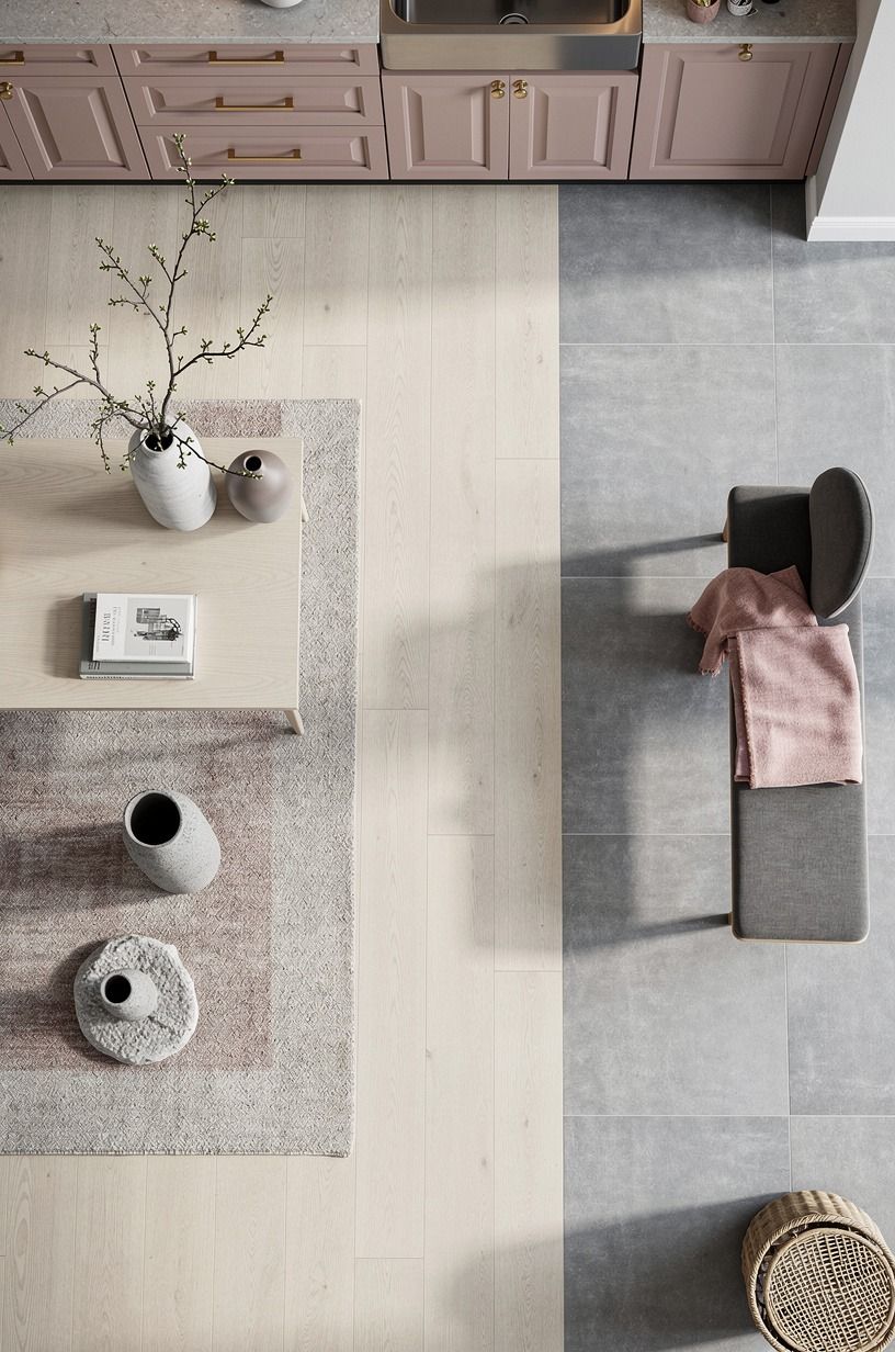 Try pale wood over gray tile