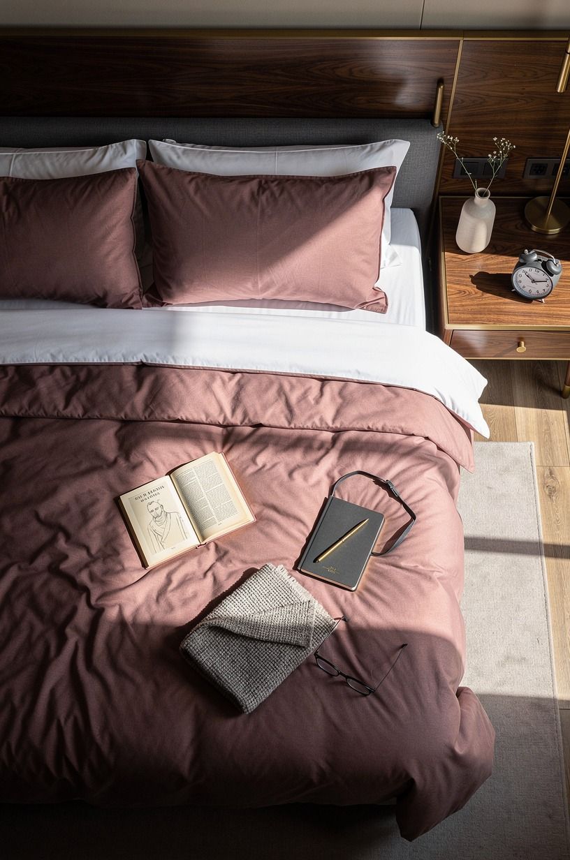 I gave the comforter room to breathe, dusty rose palette