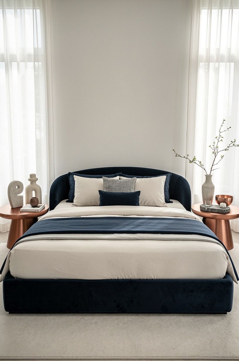 I brought in texture where the room needed softness, midnight blue palette