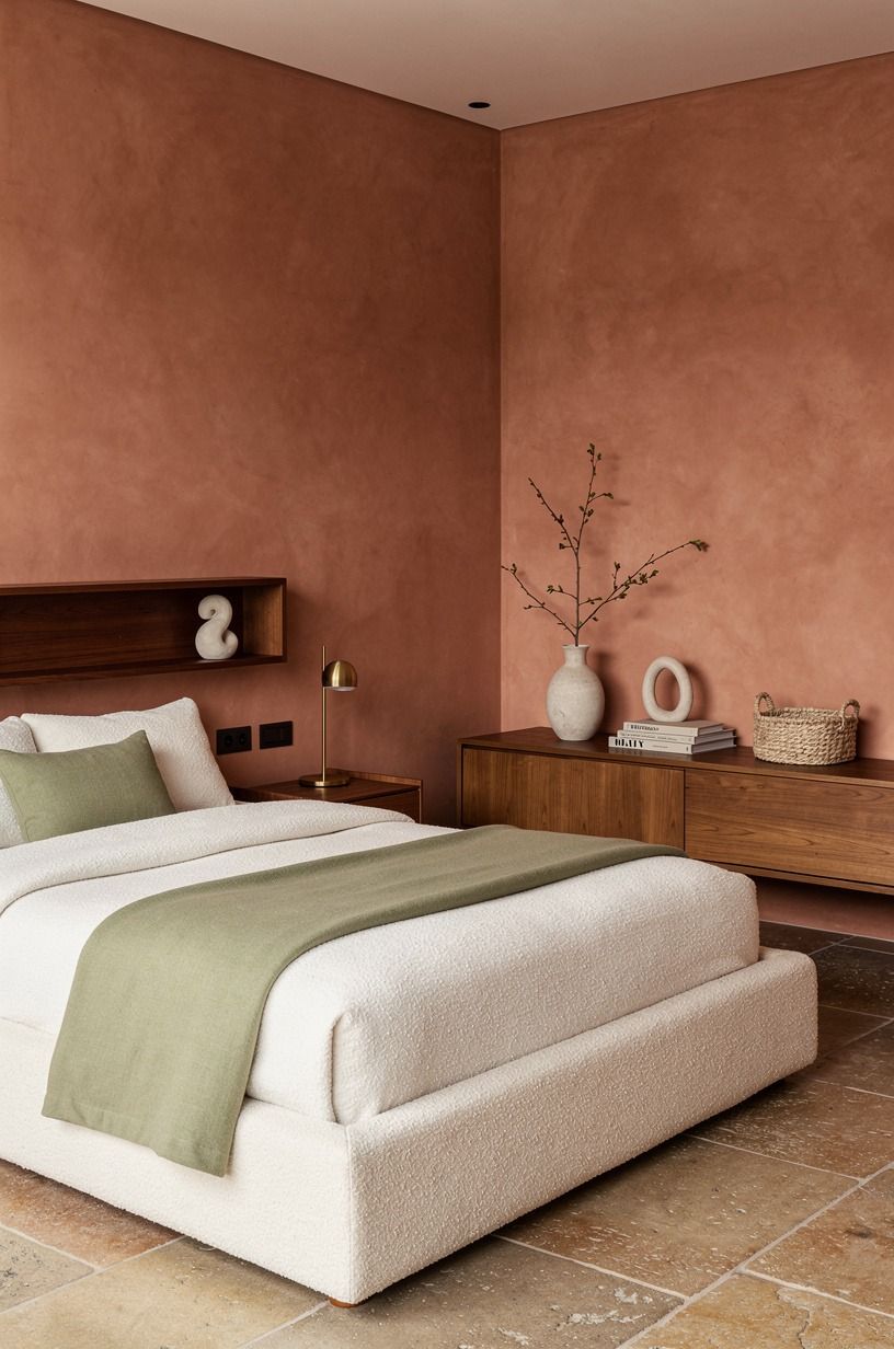 I edited the room around the bed, not after it, terracotta palette