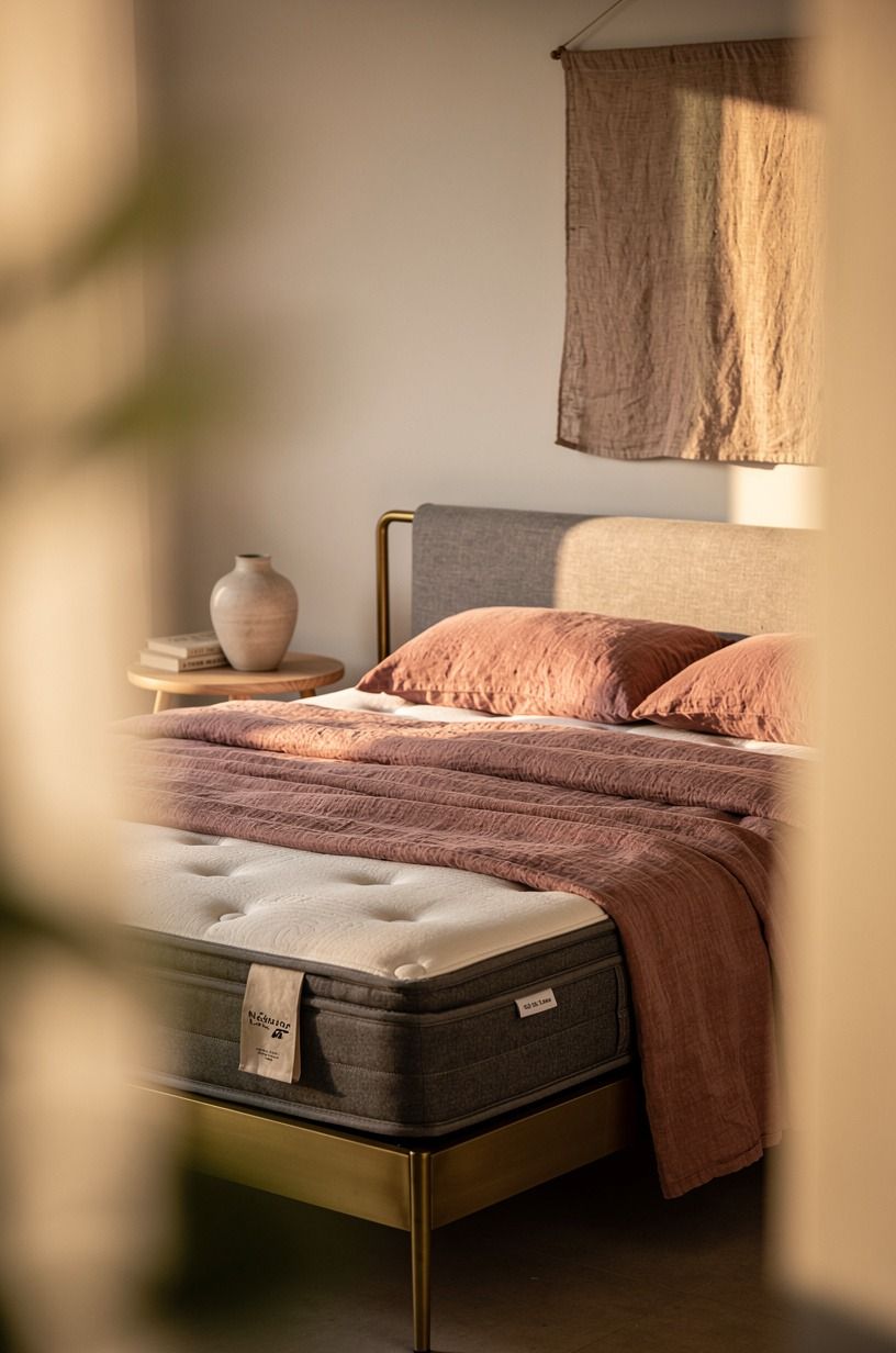 I made the bed feel clean, not clinical, dusty rose palette