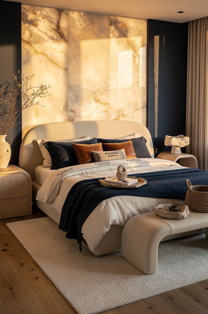 I used texture to make the room feel intentional, midnight blue palette