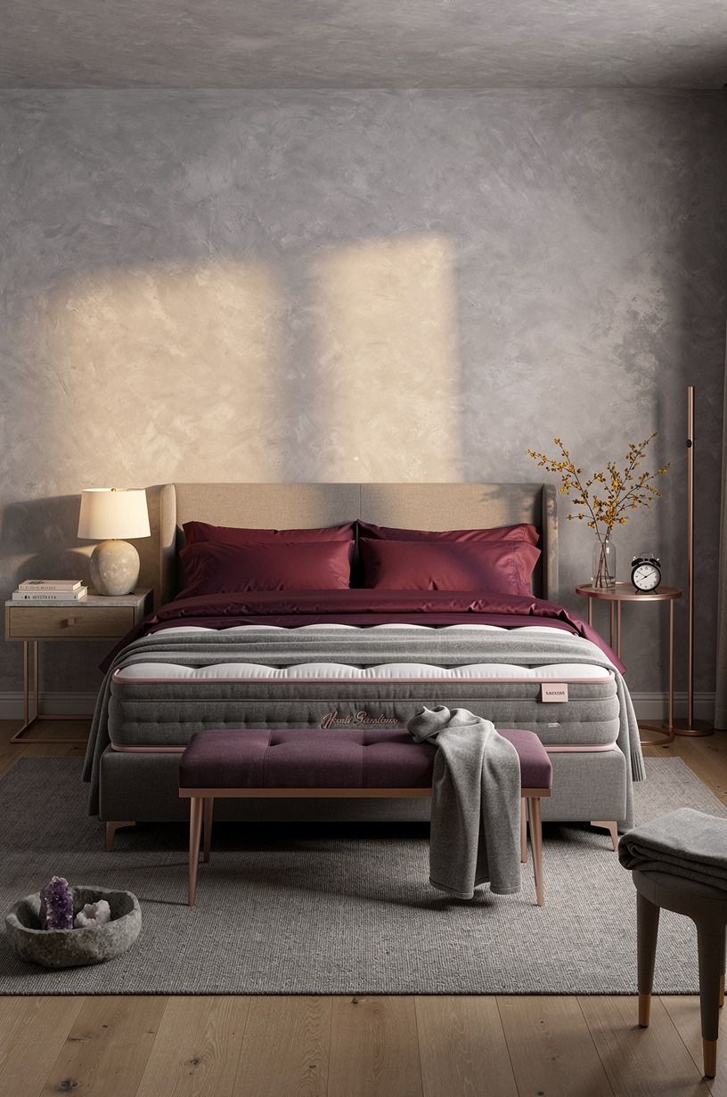 I put the mattress at the center of my healthy bedroom budget, plum palette