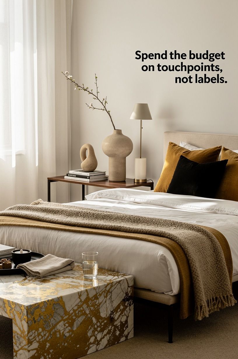 Spend the budget on touchpoints, not labels, warm white palette