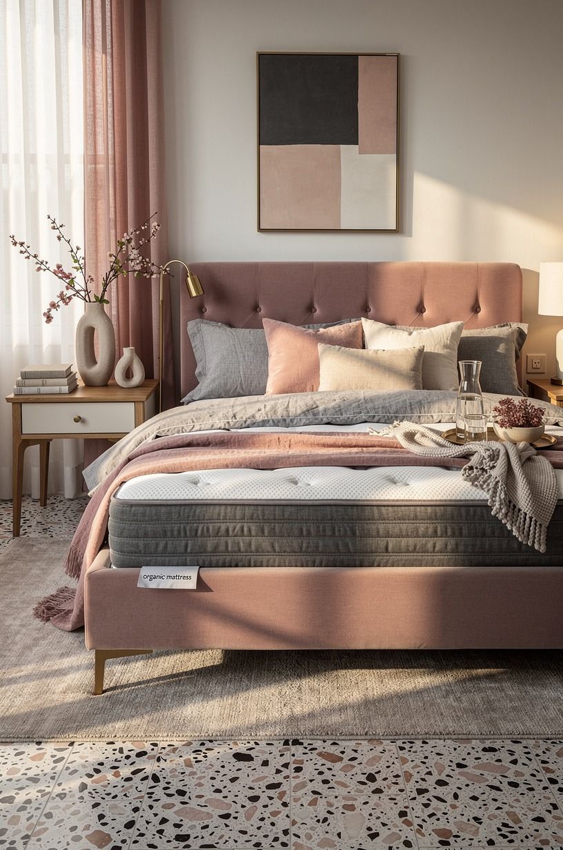 I built the non-toxic bedroom around the bed, dusty rose palette