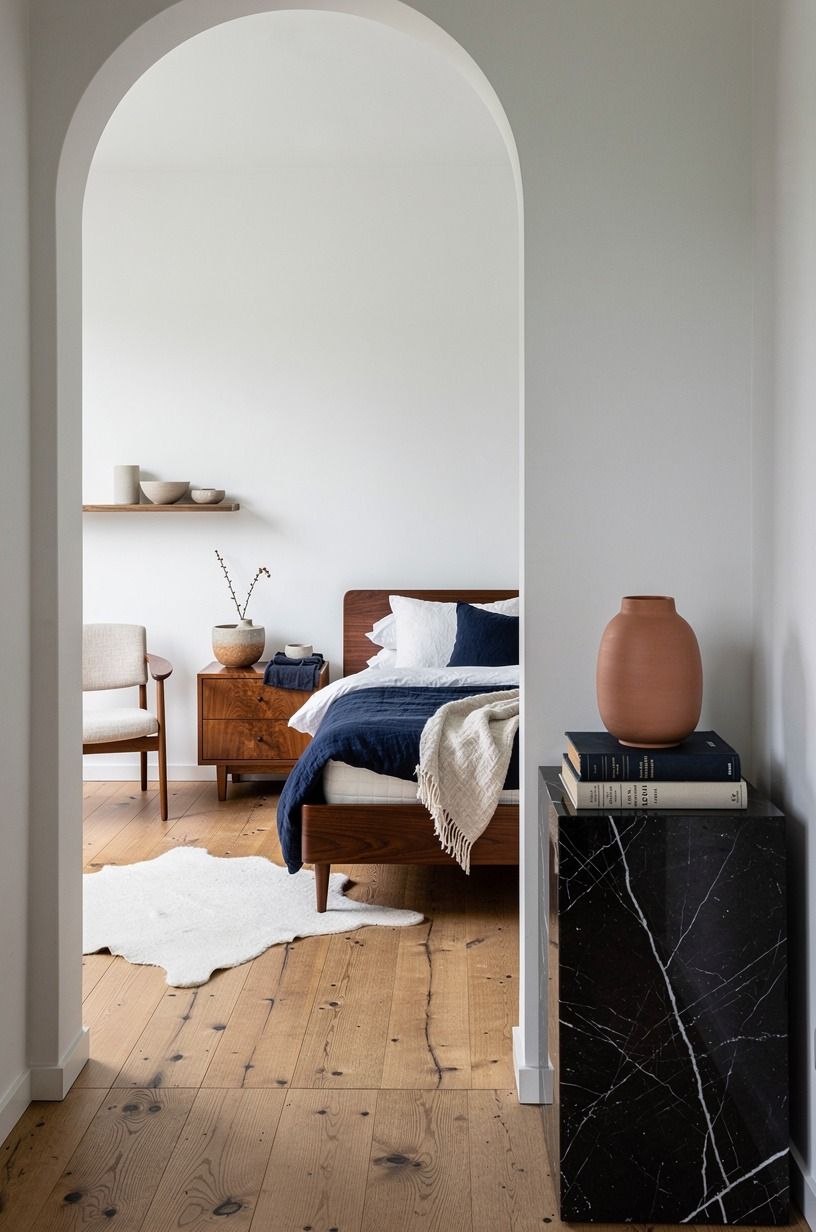 I made the bed feel intentional with natural layers, navy palette