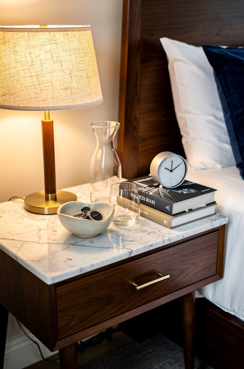I treated the nightstand like a landing strip, navy palette