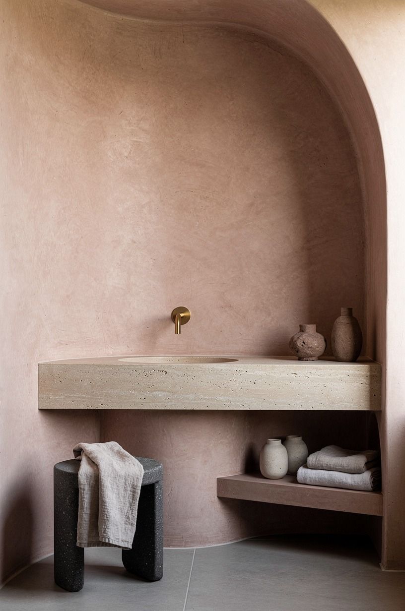 Wrap a curved wall bathroom in soft limestone plaster