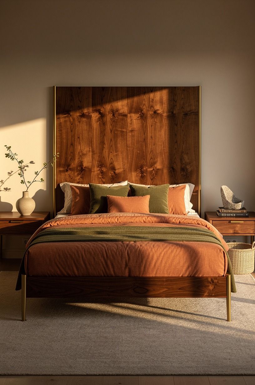 I made the bedding do the quiet work, terracotta palette