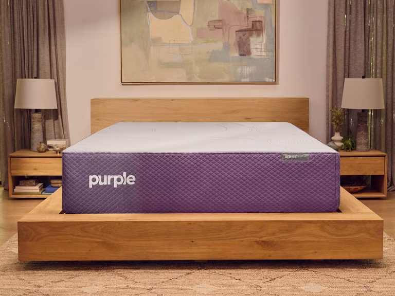 Purple RestorePlus mattress in a bedroom