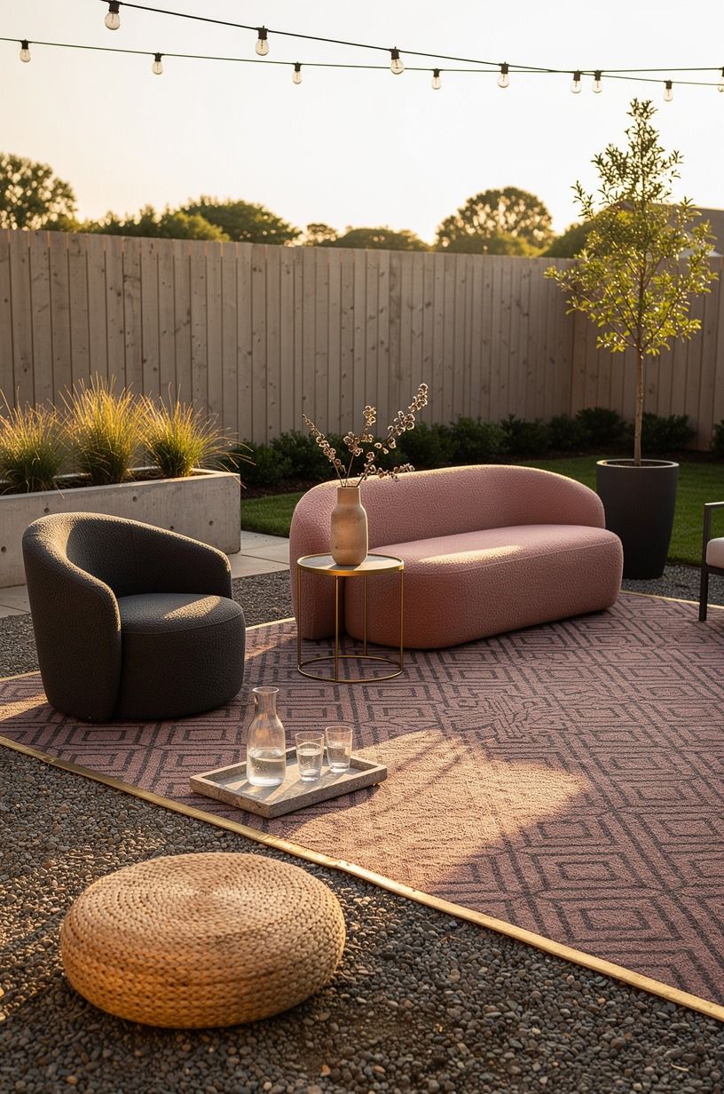 Anchor No-Deck Backyard Ideas With an Outdoor Rug