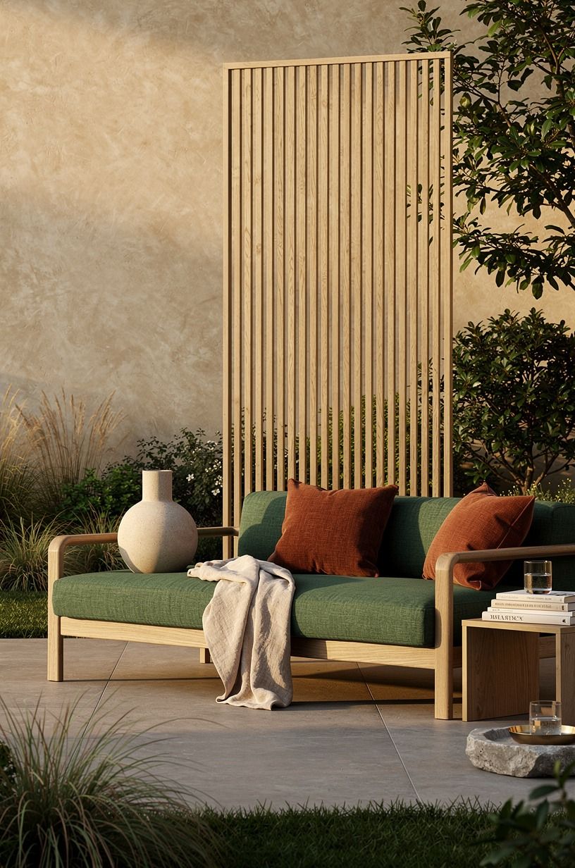 Float a slatted screen beside the seating
