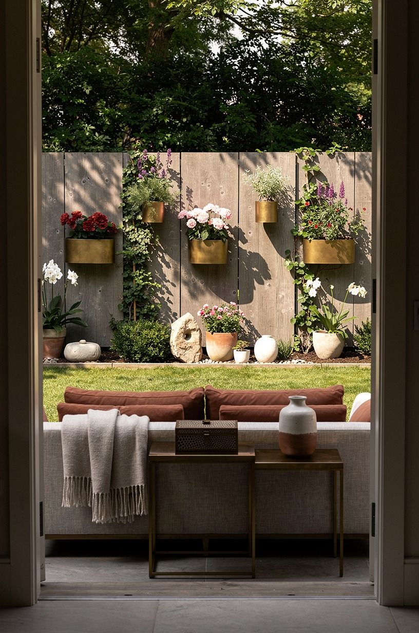 Frame flowers along privacy fence panels