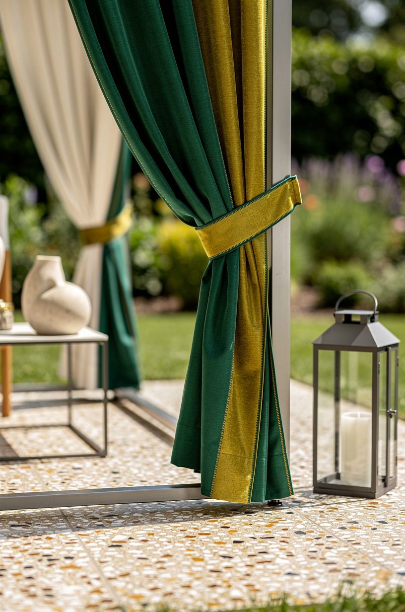 Hang outdoor curtains over a freestanding frame
