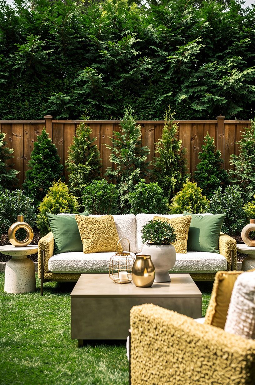 Layer evergreens in front of a wood fence