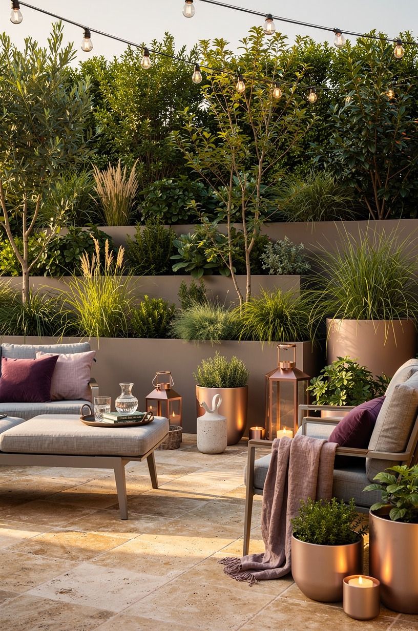 Layer tall planters into a living screen