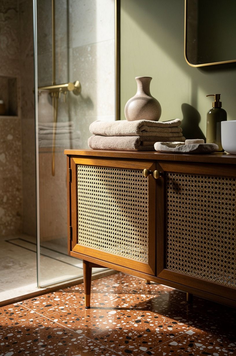 Add a cane cabinet where your towels pile up
