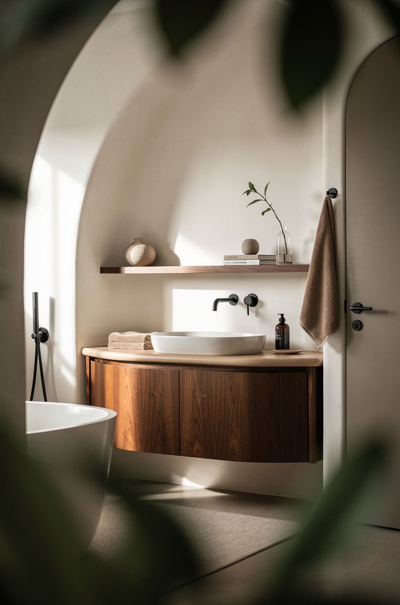 Build the Two-Wood Rule around a green earthy bathroom