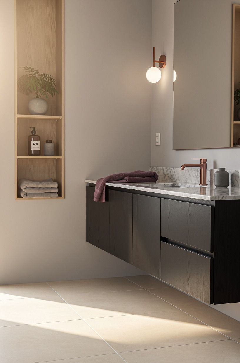 Can a dark vanity make cream tile feel warmer?
