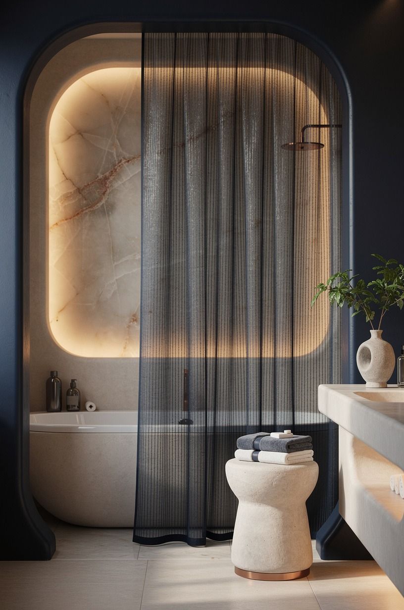 Choose vertical texture over horizontal clutter (curtain shower ideas)
