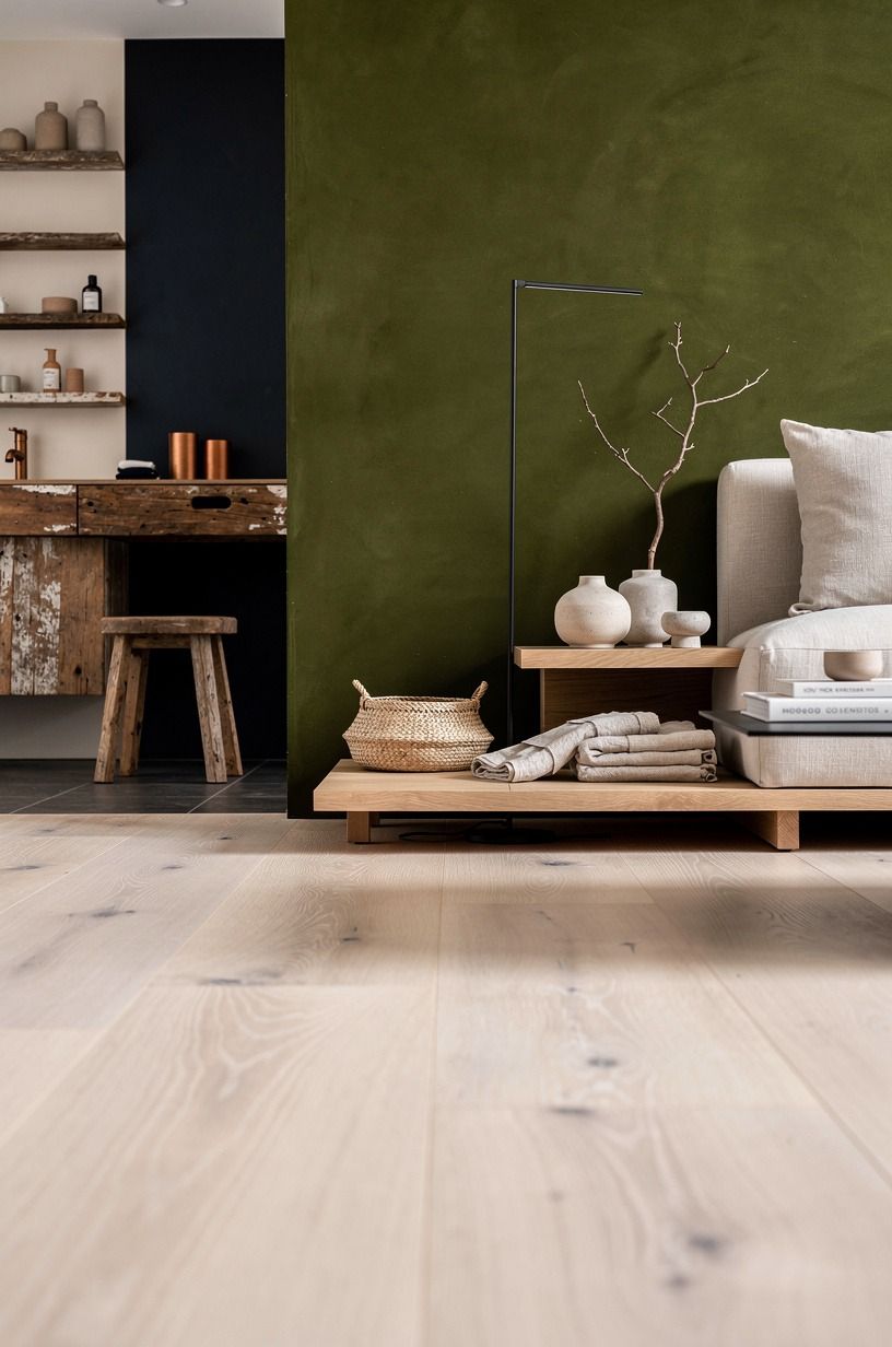 Contrast a pale oak floor with mossy walls