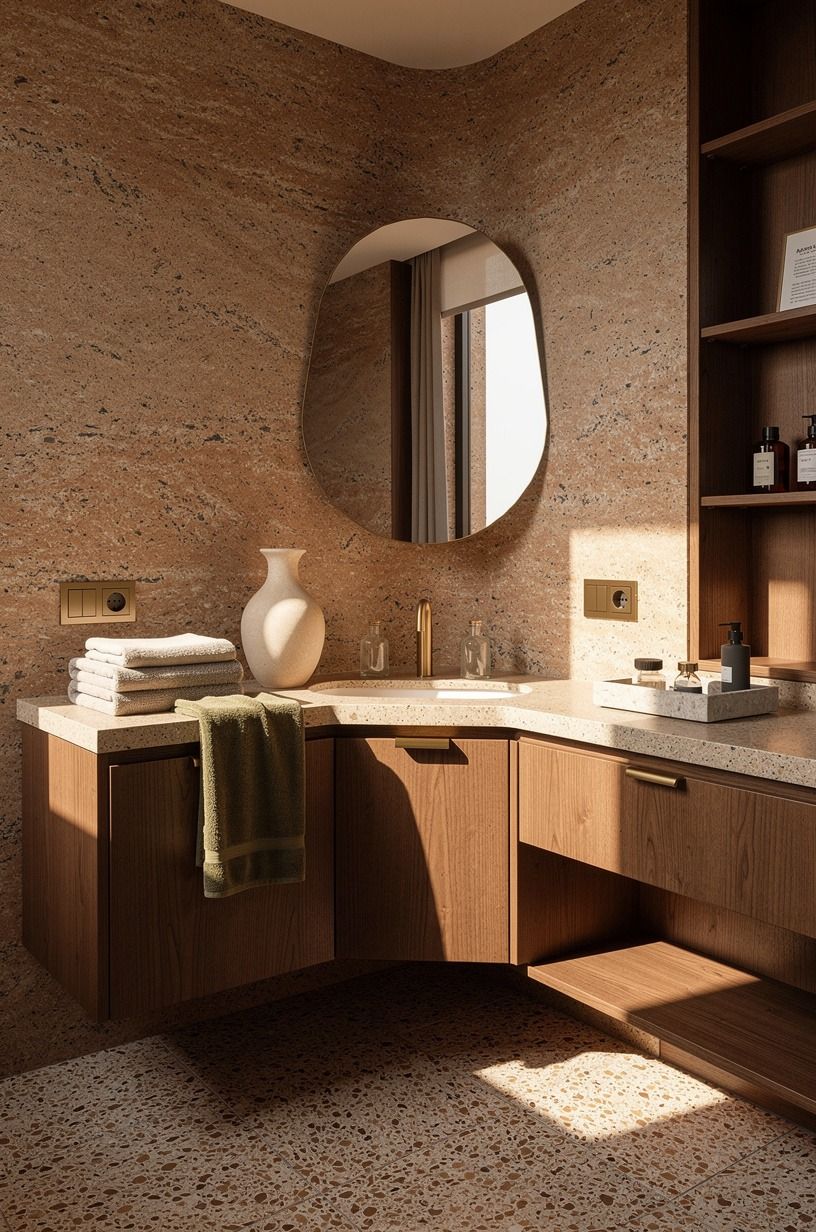 Float a curved mirror over stone texture bathroom walls