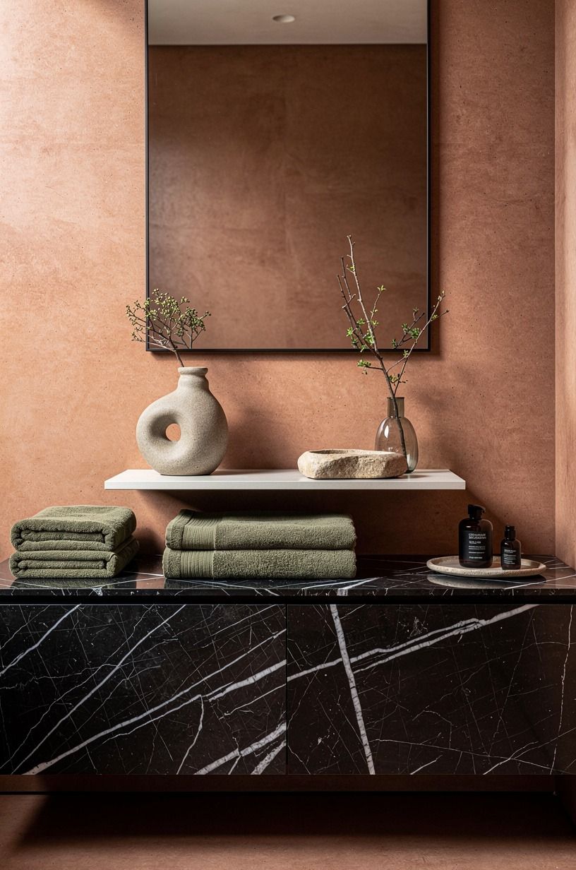 Float a slim shelf below the mirror