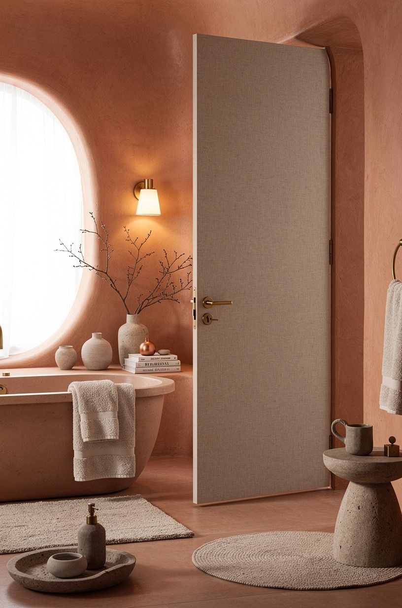 Float the door over a calm bathroom design master backdrop