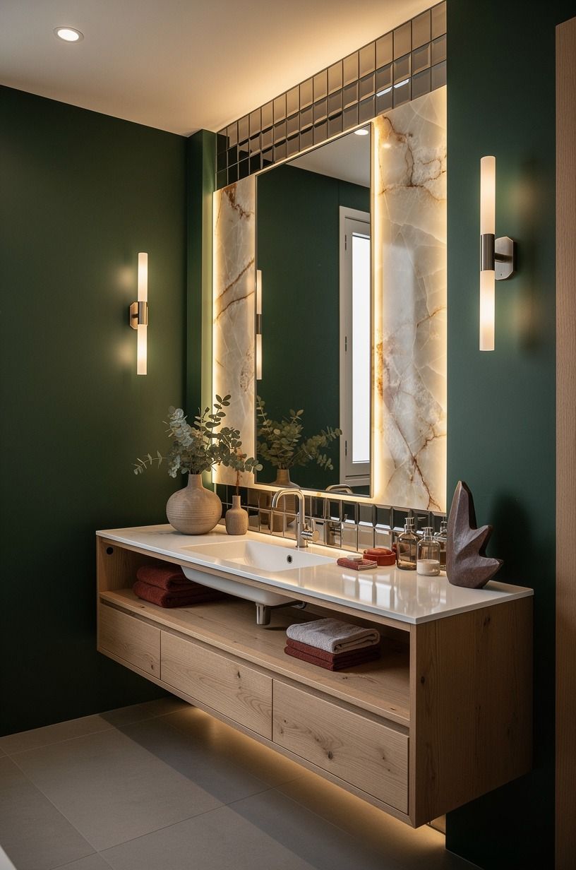 Frame the mirror with a reflective tile border