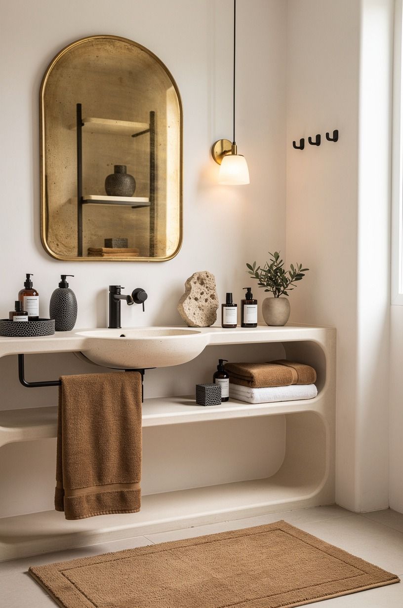 Frame the mirror with aged brass (the soft-glow move)