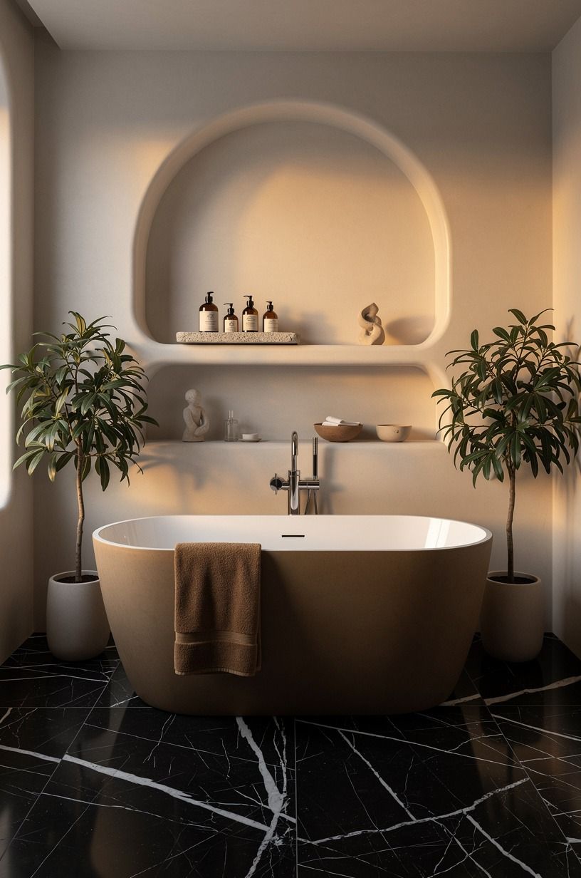 Frame the tub with a plant pair, not a crowd