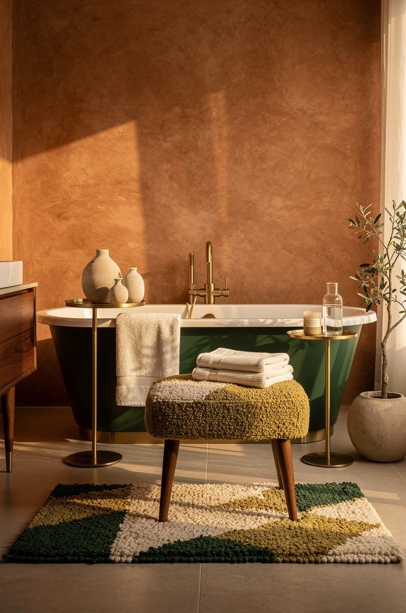 Frame the tub with Roman clay walls and linen