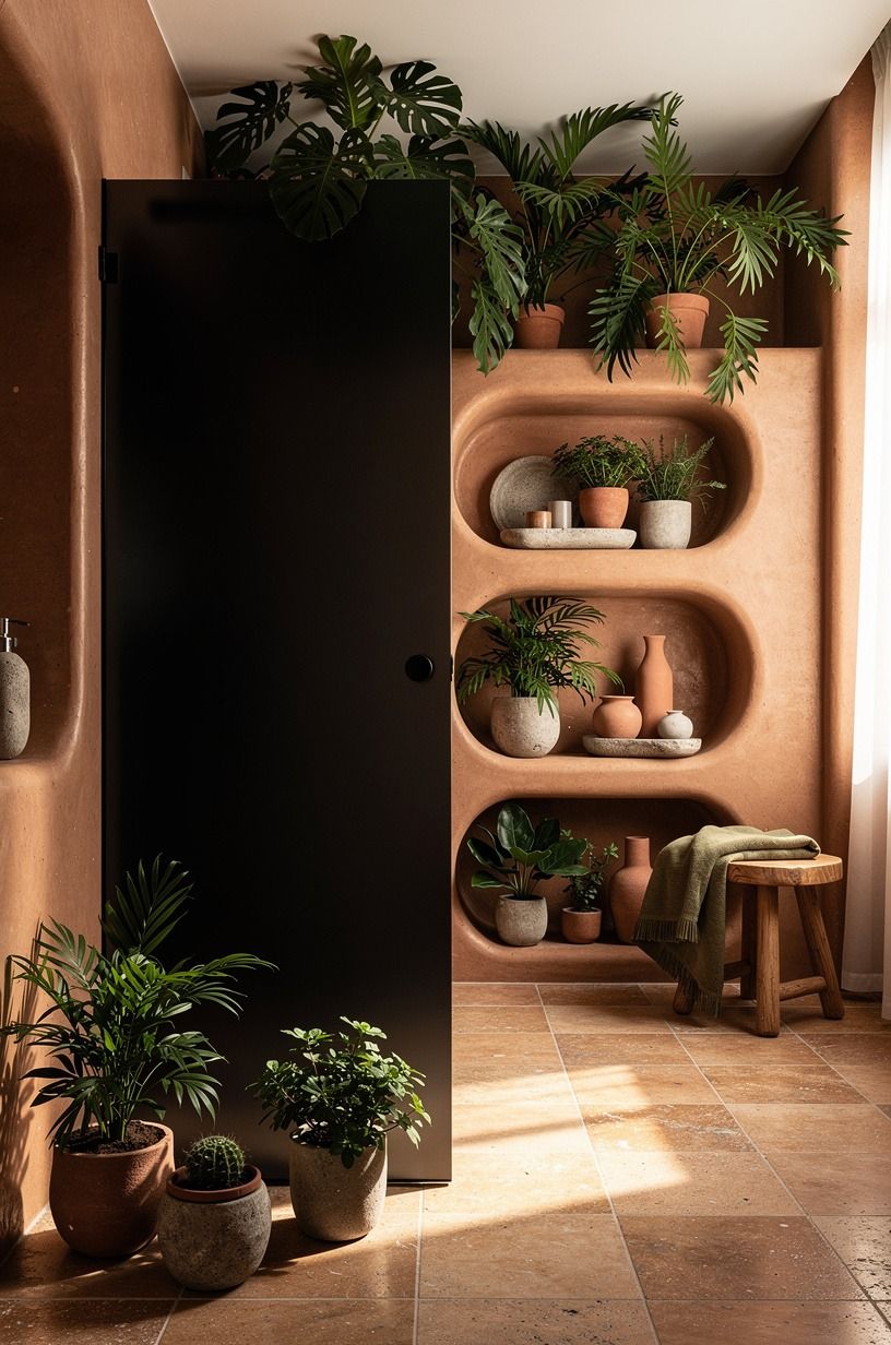 Layer a black shower with plants at three heights