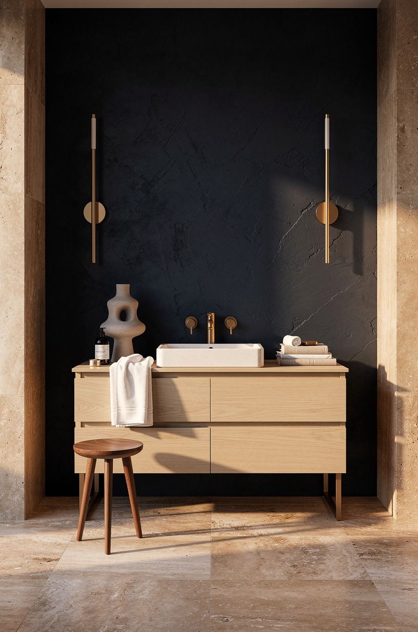 Layer black plaster behind a pale oak vanity