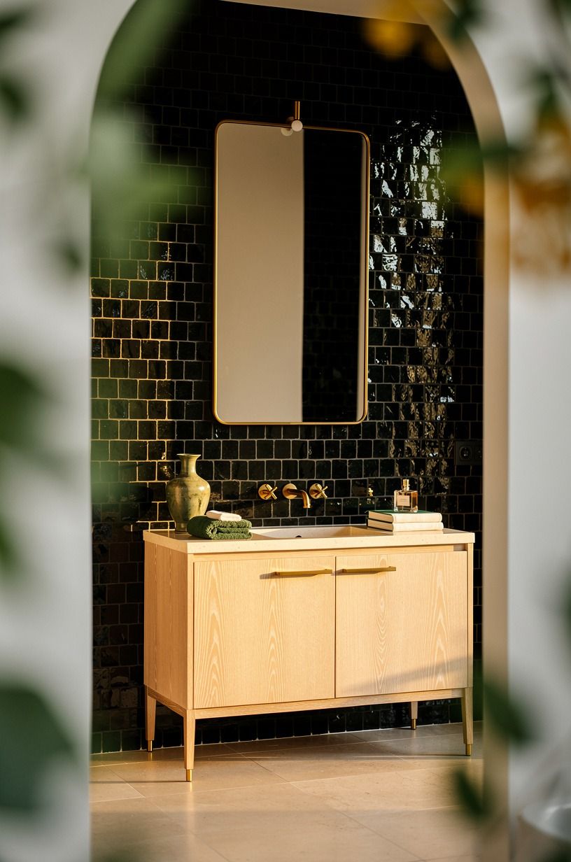 Layer black zellige behind the vanity