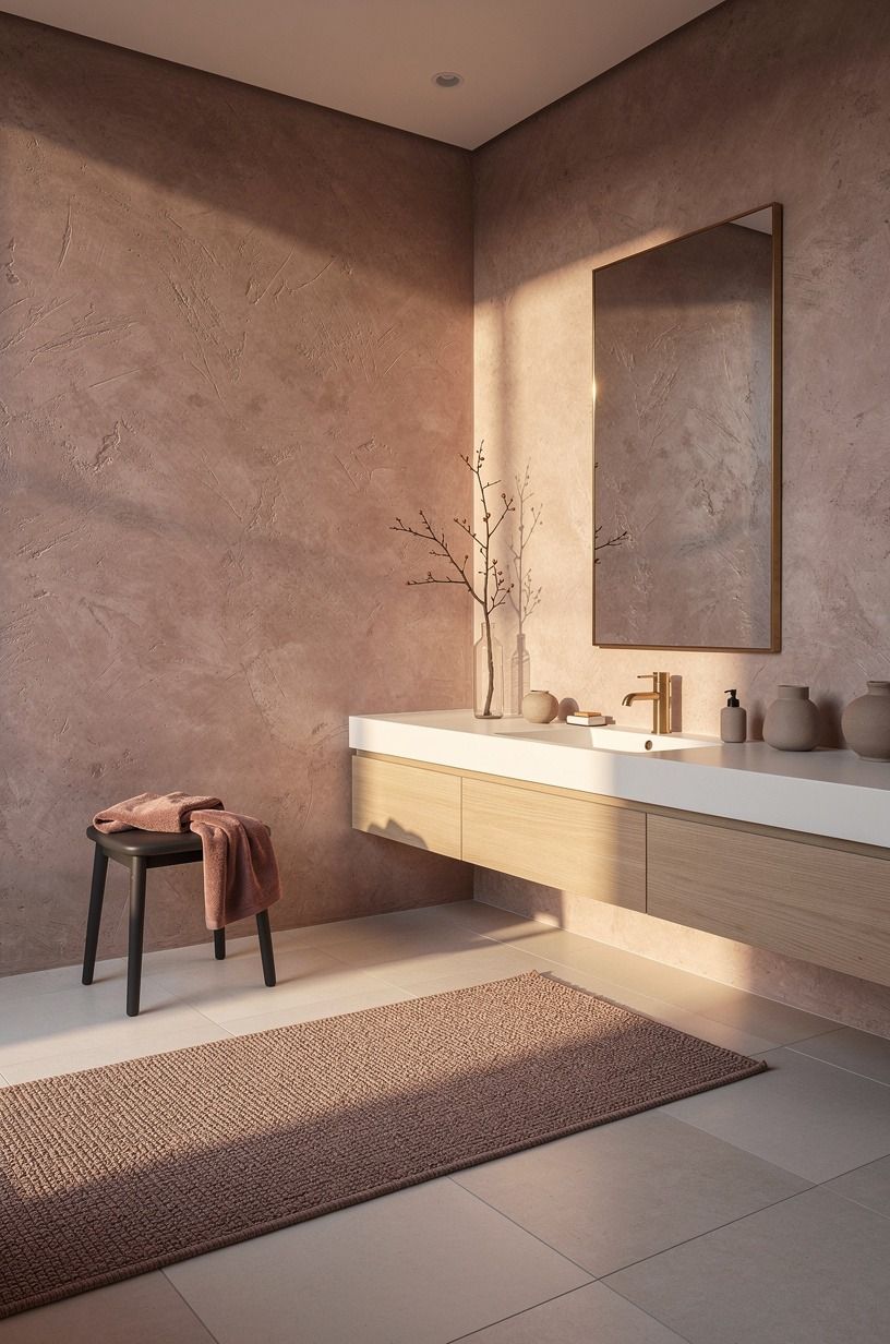 Layer ivory bathroom tile with a warm runner