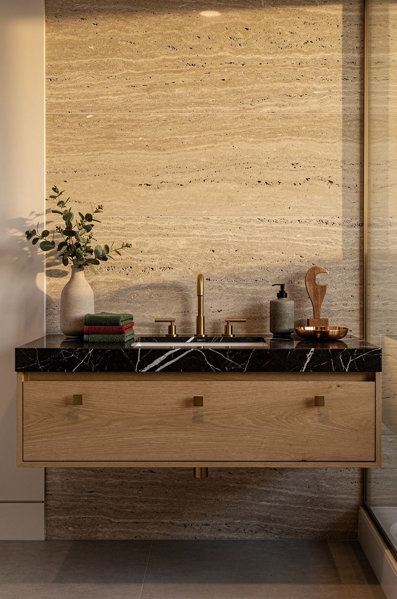 Layer limestone behind a floating vanity